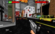 A screenshot of Action Doom 2 in the city, showing off its unique art style.